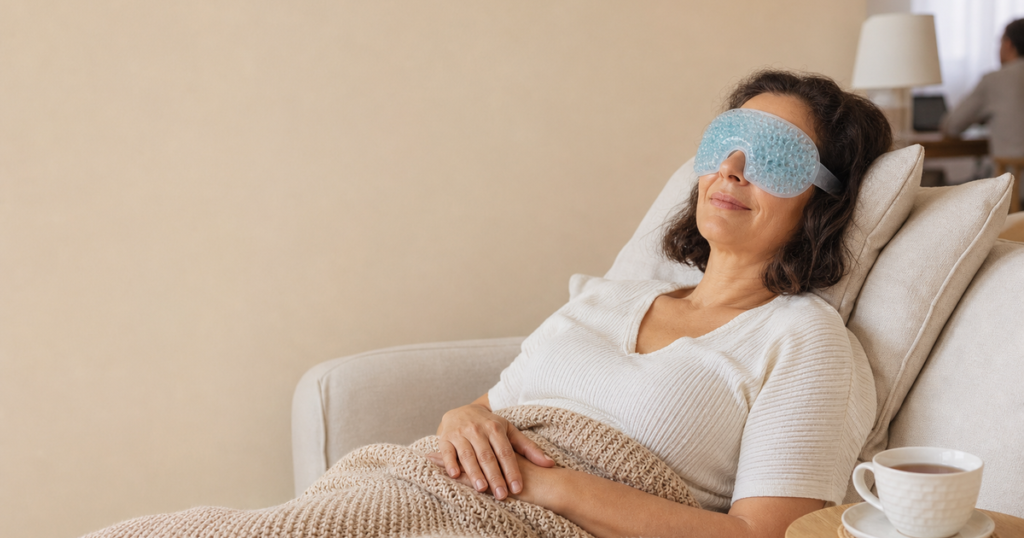 Mulher descansando no sofá com máscara nos olhos e uma xícara de chá, em luz da manhã, durante a recuperação da blefaroplastia